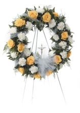 Yellow Roses and White Carnation Wreath with cross